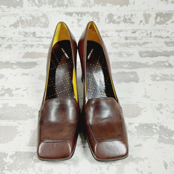 Nine West Nehemy Brown Leather Slip On Square Toe Block Heel shoes - Picture 3 of 12